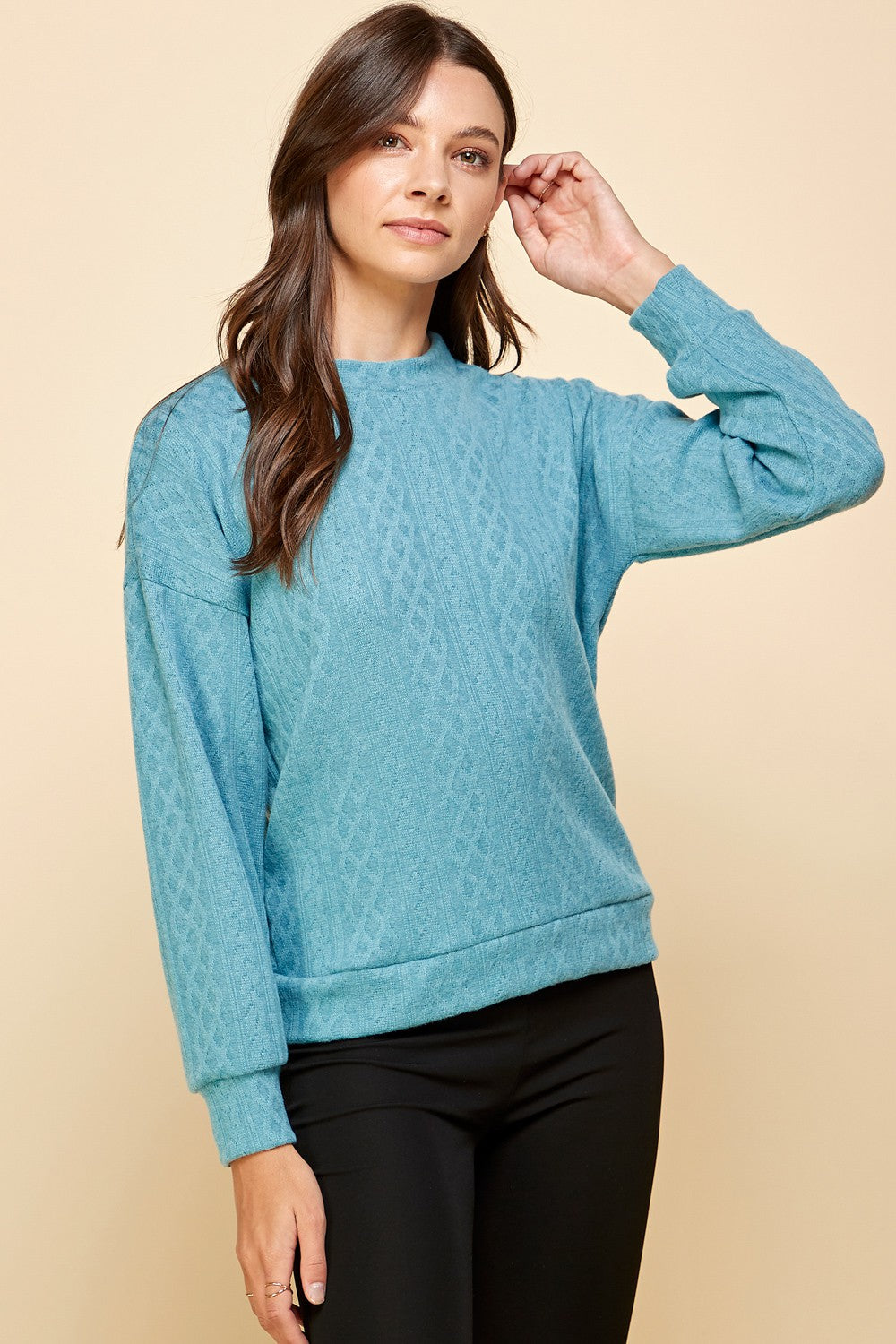 Cable Knit Sweatshirt, Teal