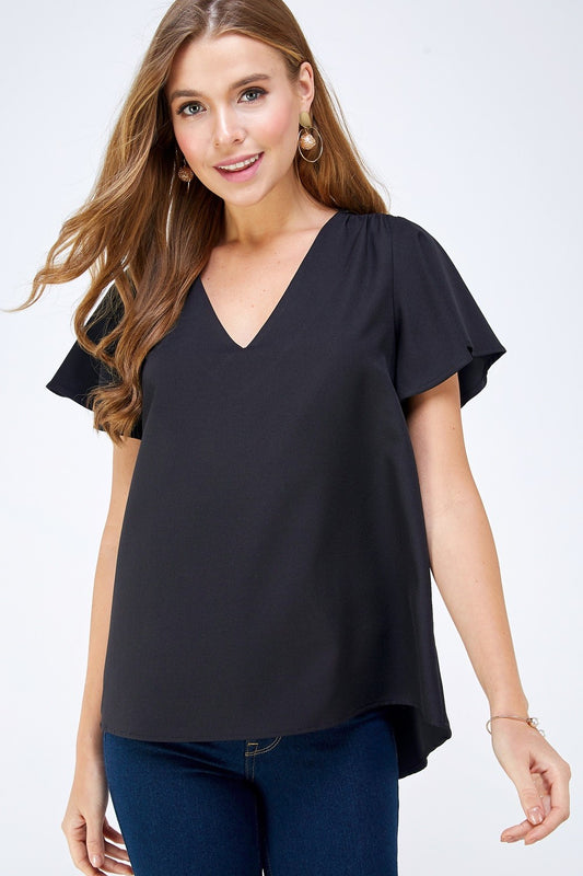 V Neck Flutter Sleeve Top, Black