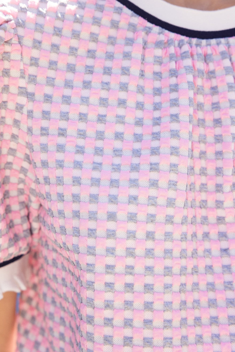 Striped Band Detailed Gingham Knit Top, Pink