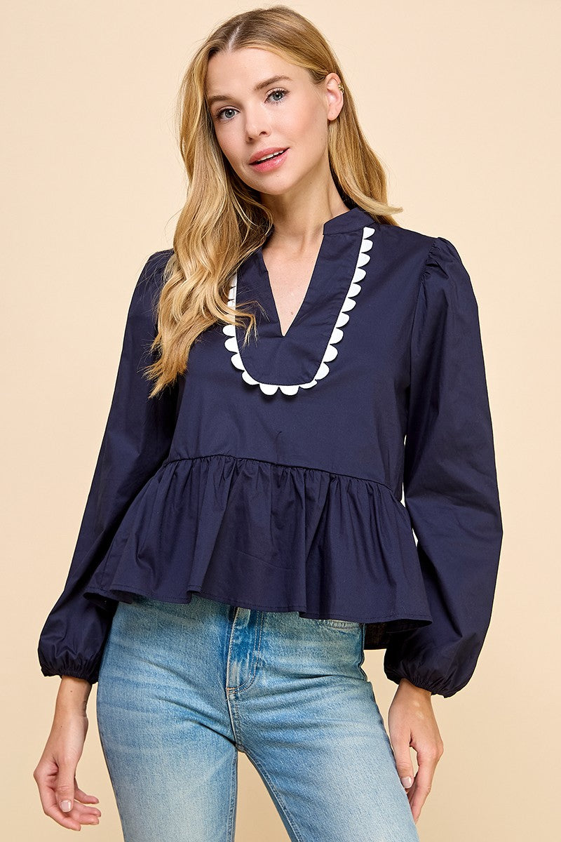 Scallop Trim V-Neck top, Navy Blue