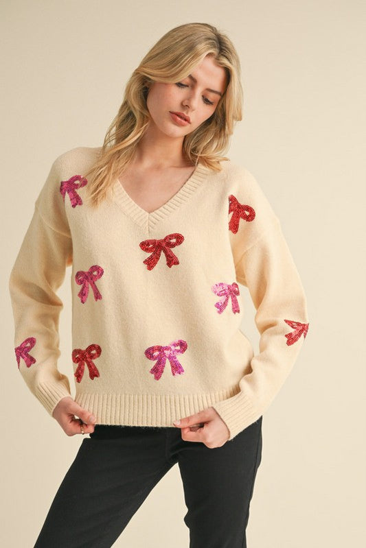 Long sleeve Bow Sweater, Cream