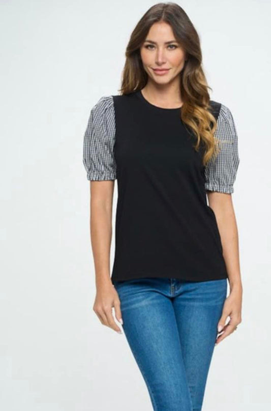 Black t-shirt with gingham sleeves