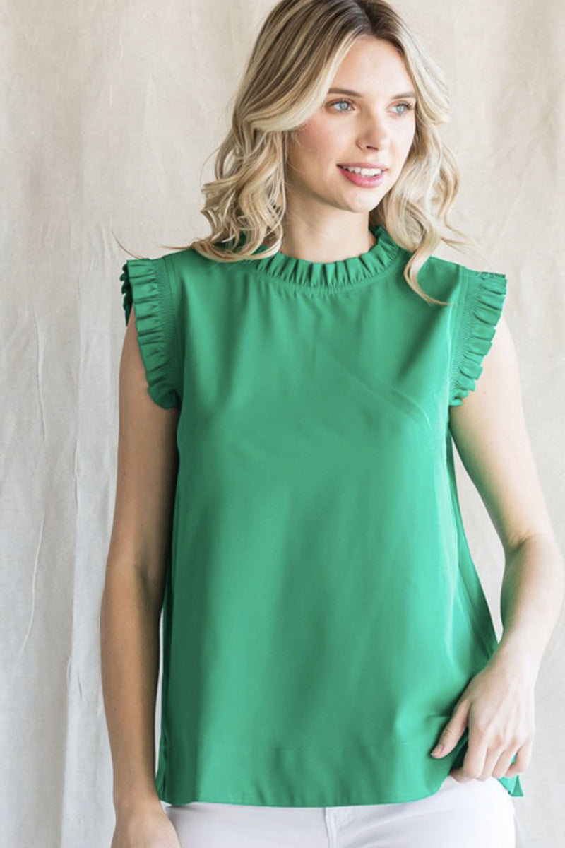 Sleeveless blouse with ruffle detail, Green