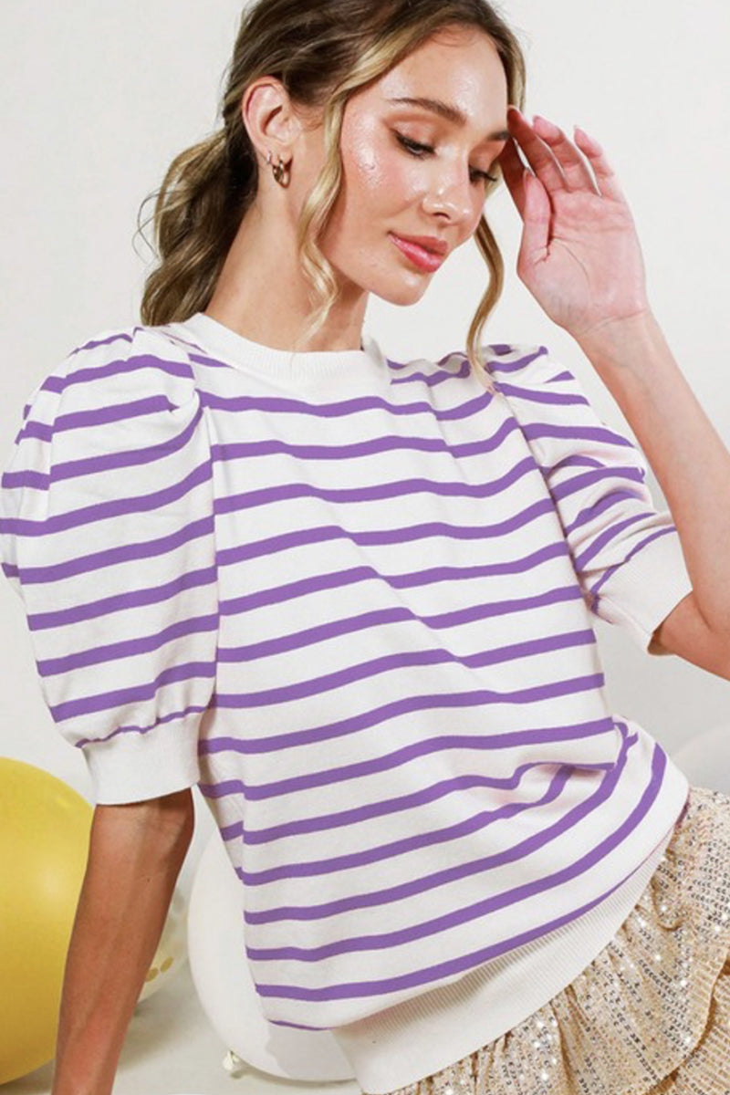 Puff Short Sleeve Stripe Sweater, Lavender